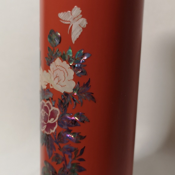 Lovely Orange Metal Travel Drinking Cup with Bronze Lid & Abalone Shell Design - Picture 2 of 6